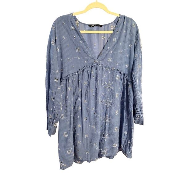 Zara Blue & White Short Embroidered Floral Tunic Flowy Dress Size S - Picture 2 of 13